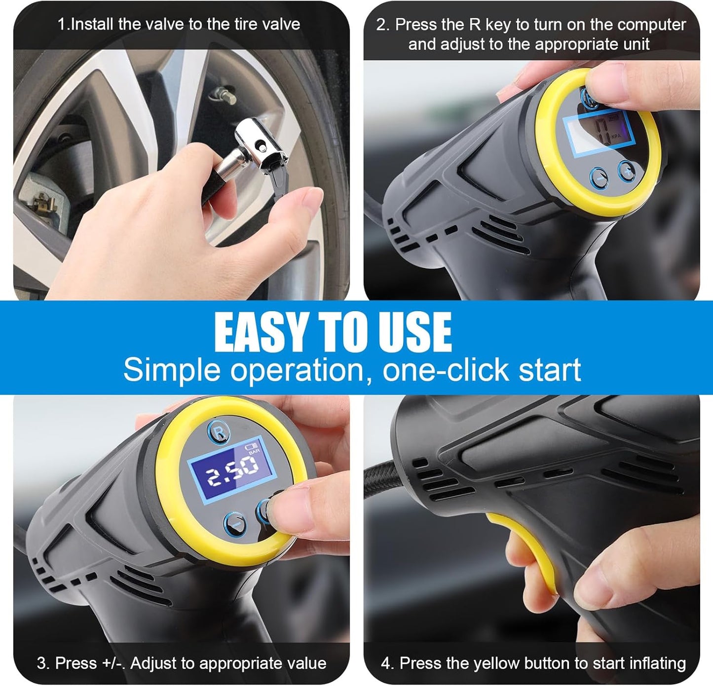 Cordless Tyre Inflator Air Compressor – Portable Handheld Rechargeable Tyre Pump with Digital Pressure Gauge, LED Light & 4 Nozzles for Car, Motorcycle & Bike