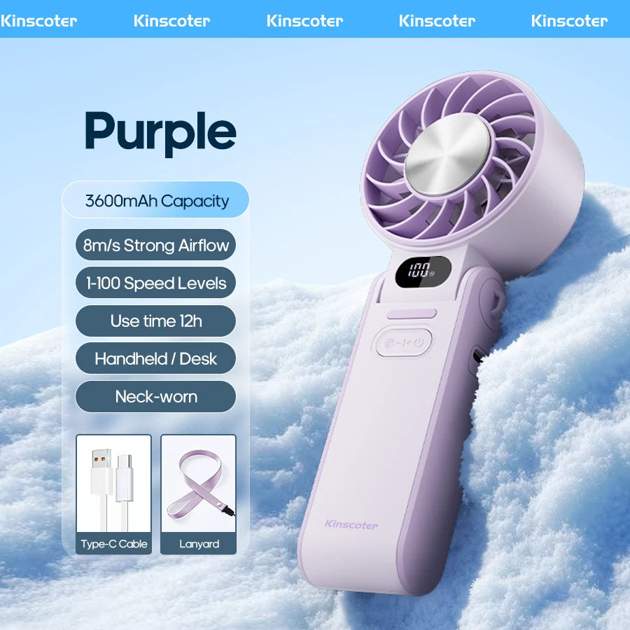 Outdoor Foldable Handheld Fan – Portable Mini Turbo Fan with 3600mAh Battery, 100-Speed Adjustable High-Speed Cooling & Ice-Cool Technology