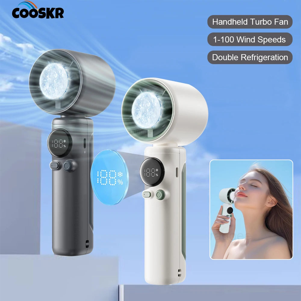 Handheld Turbo Fan 100 Wind Speed – Portable USB Rechargeable Mini Fan with Ice Cooling & Digital Display for Travel, Outdoor & Desktop Use