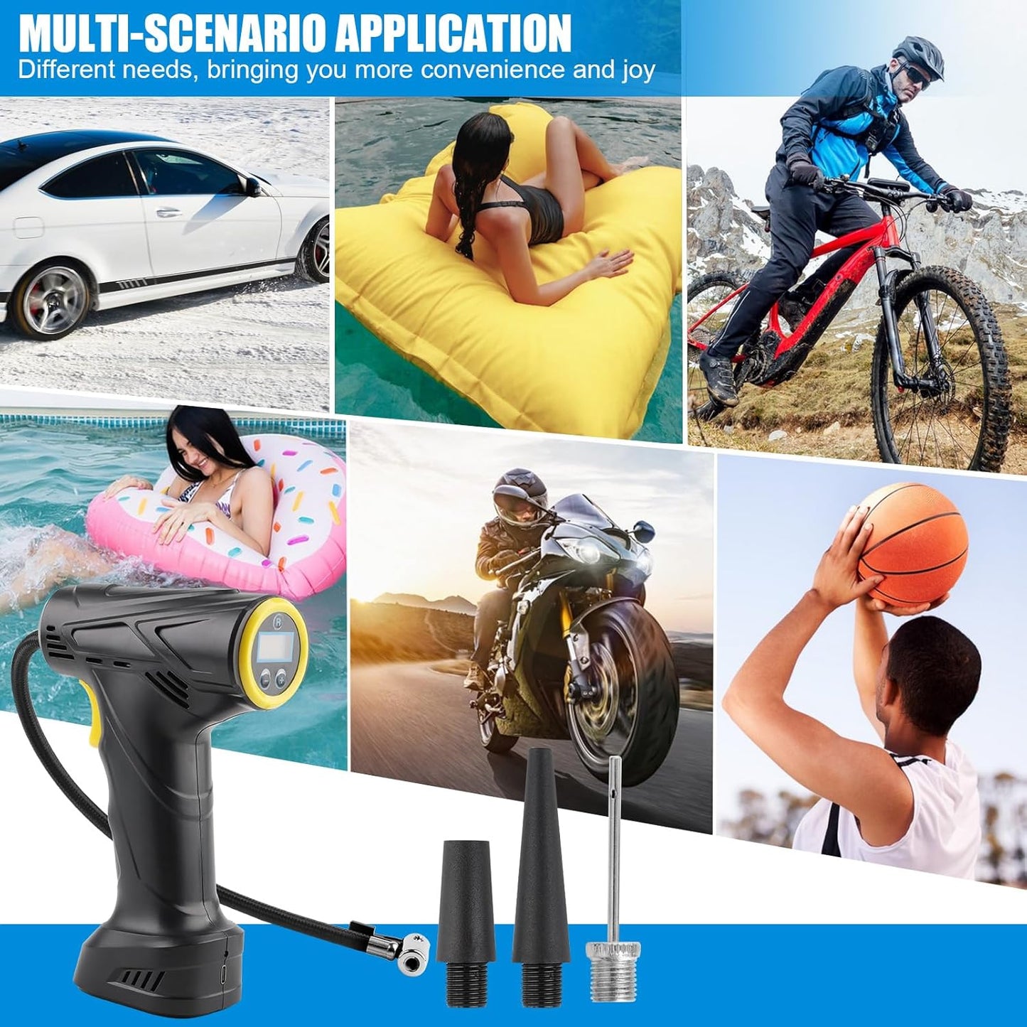 Cordless Tyre Inflator Air Compressor – Portable Handheld Rechargeable Tyre Pump with Digital Pressure Gauge, LED Light & 4 Nozzles for Car, Motorcycle & Bike