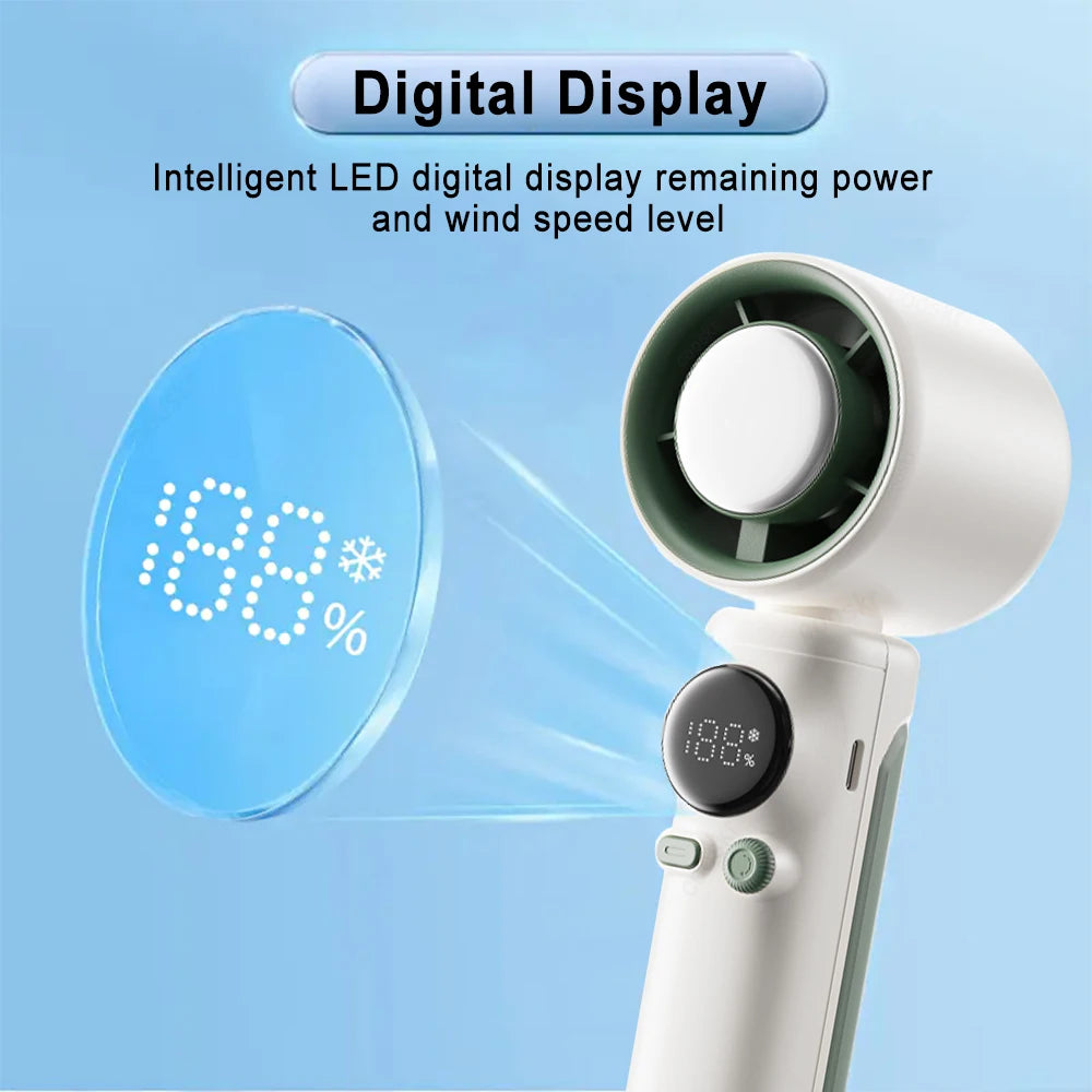 Handheld Turbo Fan 100 Wind Speed – Portable USB Rechargeable Mini Fan with Ice Cooling & Digital Display for Travel, Outdoor & Desktop Use
