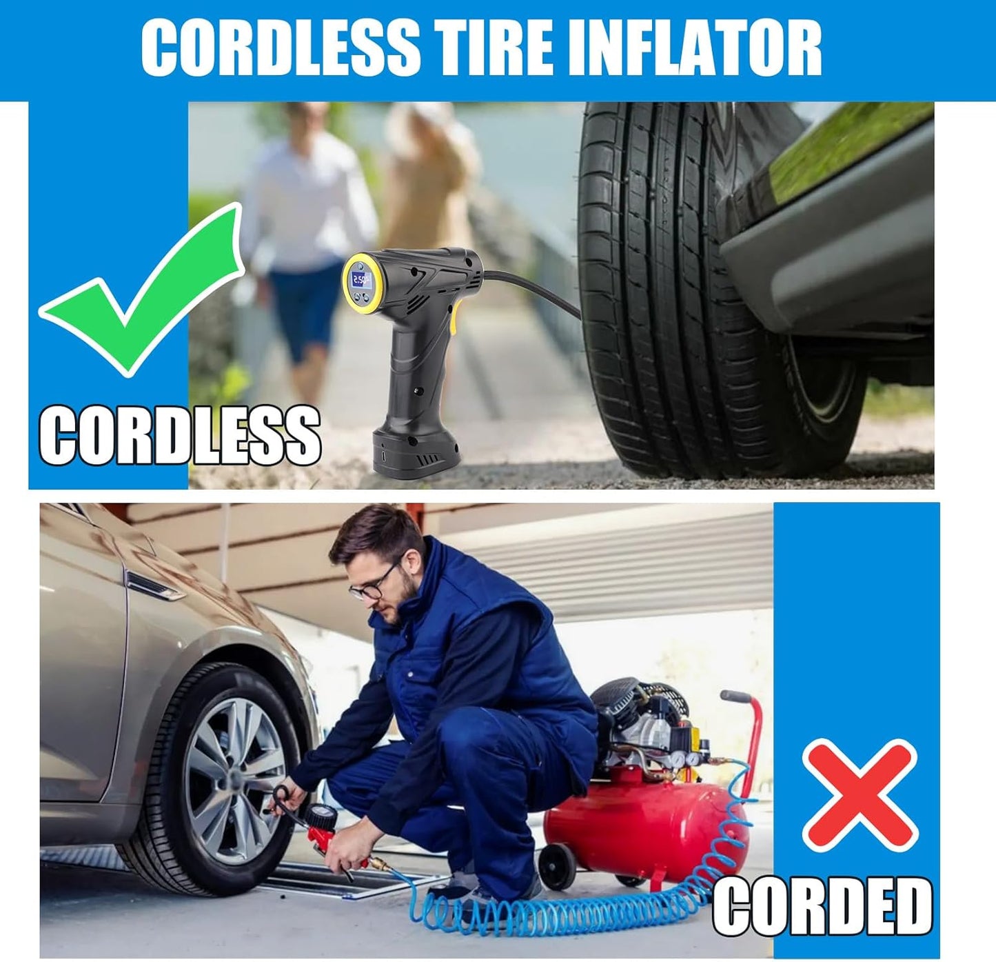 Cordless Tyre Inflator Air Compressor – Portable Handheld Rechargeable Tyre Pump with Digital Pressure Gauge, LED Light & 4 Nozzles for Car, Motorcycle & Bike