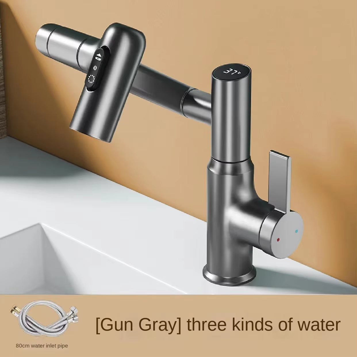 Digital LED Bathroom Faucet – 360° Rotating Hot & Cold Water Mixer Sink Tap with Multifunction Stream Sprayer