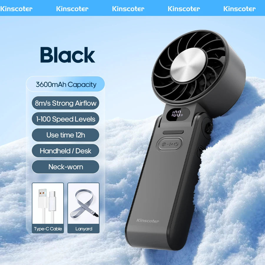 Outdoor Foldable Handheld Fan – Portable Mini Turbo Fan with 3600mAh Battery, 100-Speed Adjustable High-Speed Cooling & Ice-Cool Technology
