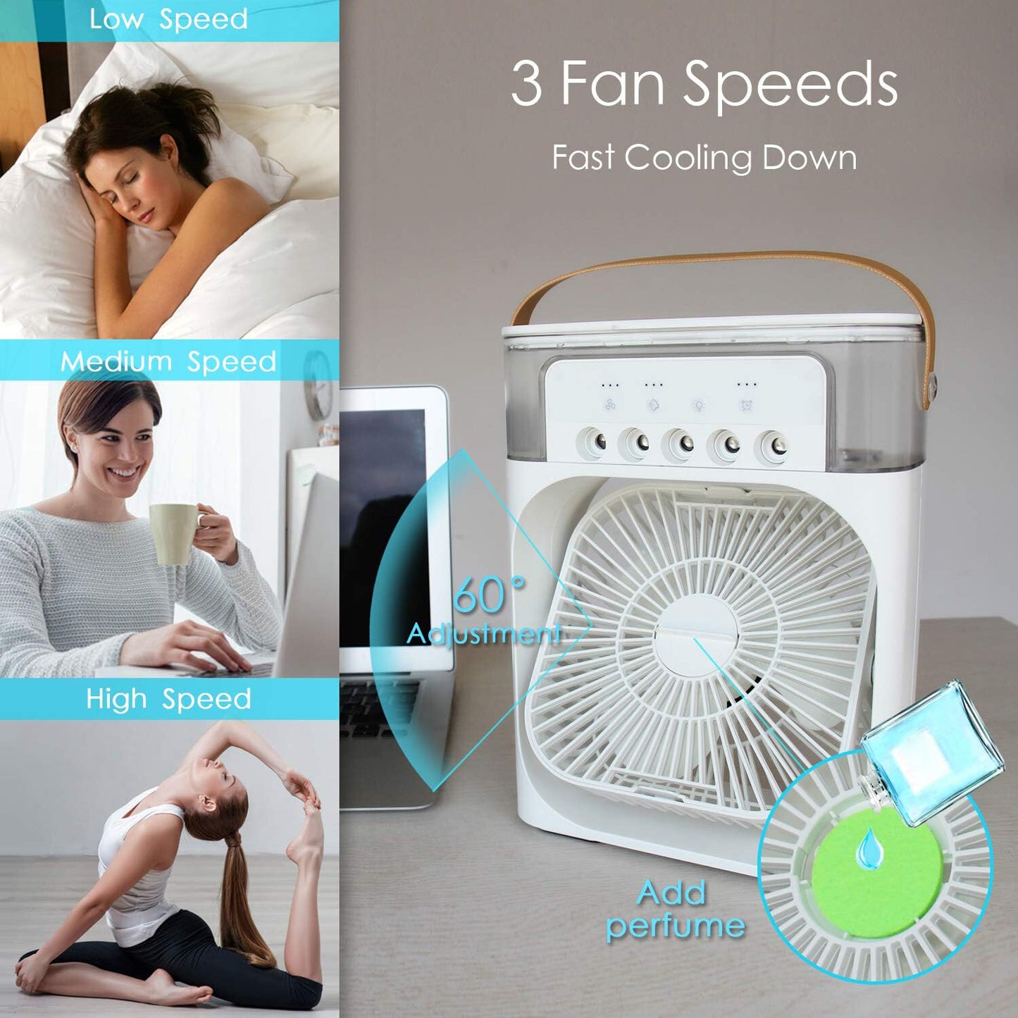 3 in 1 Portable Air Conditioner Fan – Mini Water Air Cooler with 7-Color LED Lights, USB Rechargeable Cooling Fan for Home, Office & Travel