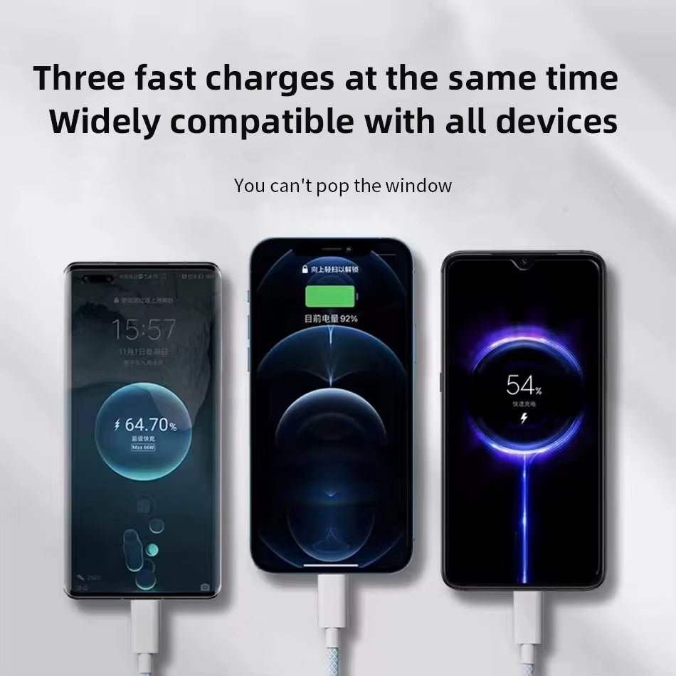 66W 3-in-1 Fast Charging Cable – 6A USB Type-C, Micro USB & Lightning Nylon Braided Data Cable for Xiaomi, Huawei, Samsung, OPPO & iPhone (1.2M/2M/3M)