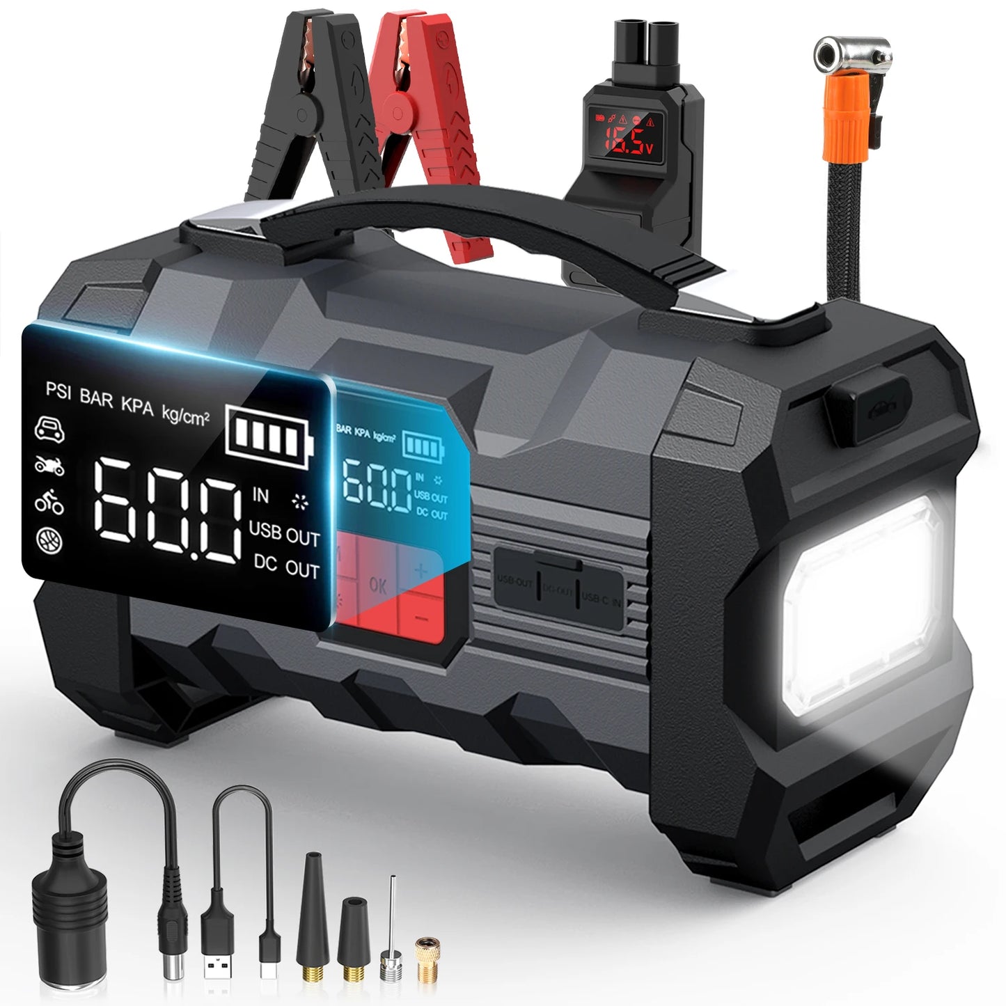 6000A Car Jump Starter with Air Compressor – 12V Battery Booster Power Bank with LED Flashlight & Smart Cable