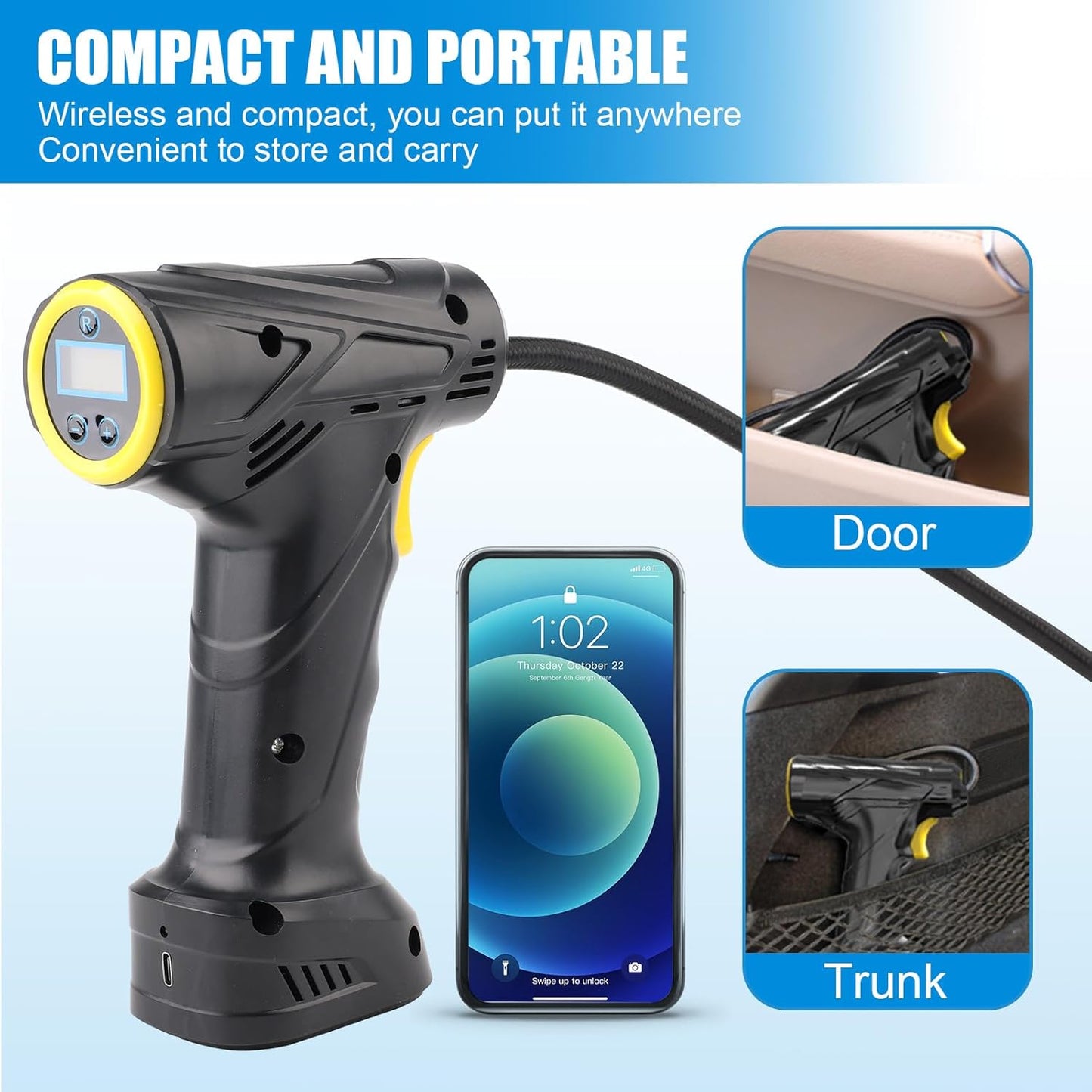 Cordless Tyre Inflator Air Compressor – Portable Handheld Rechargeable Tyre Pump with Digital Pressure Gauge, LED Light & 4 Nozzles for Car, Motorcycle & Bike
