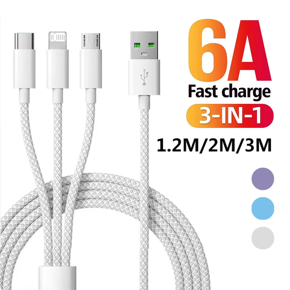 66W 3-in-1 Fast Charging Cable – 6A USB Type-C, Micro USB & Lightning Nylon Braided Data Cable for Huawei, Xiaomi, Samsung & iPhone (1.2M/2M/3M)