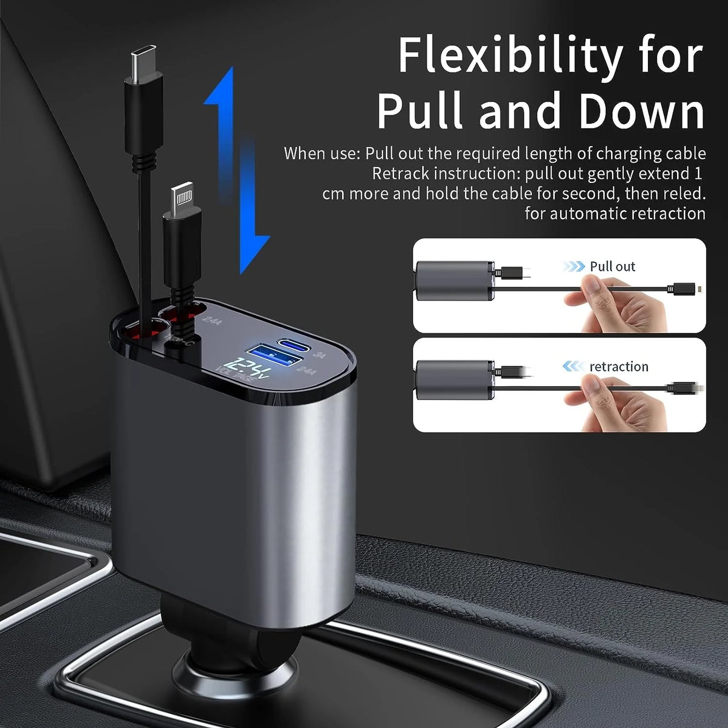 Retractable 4-in-1 Fast Car Charger 66W – USB-A & USB-C Retractable Cables, PD 3.0 Quick Charge for iPhone, Samsung Galaxy, Pixel & More