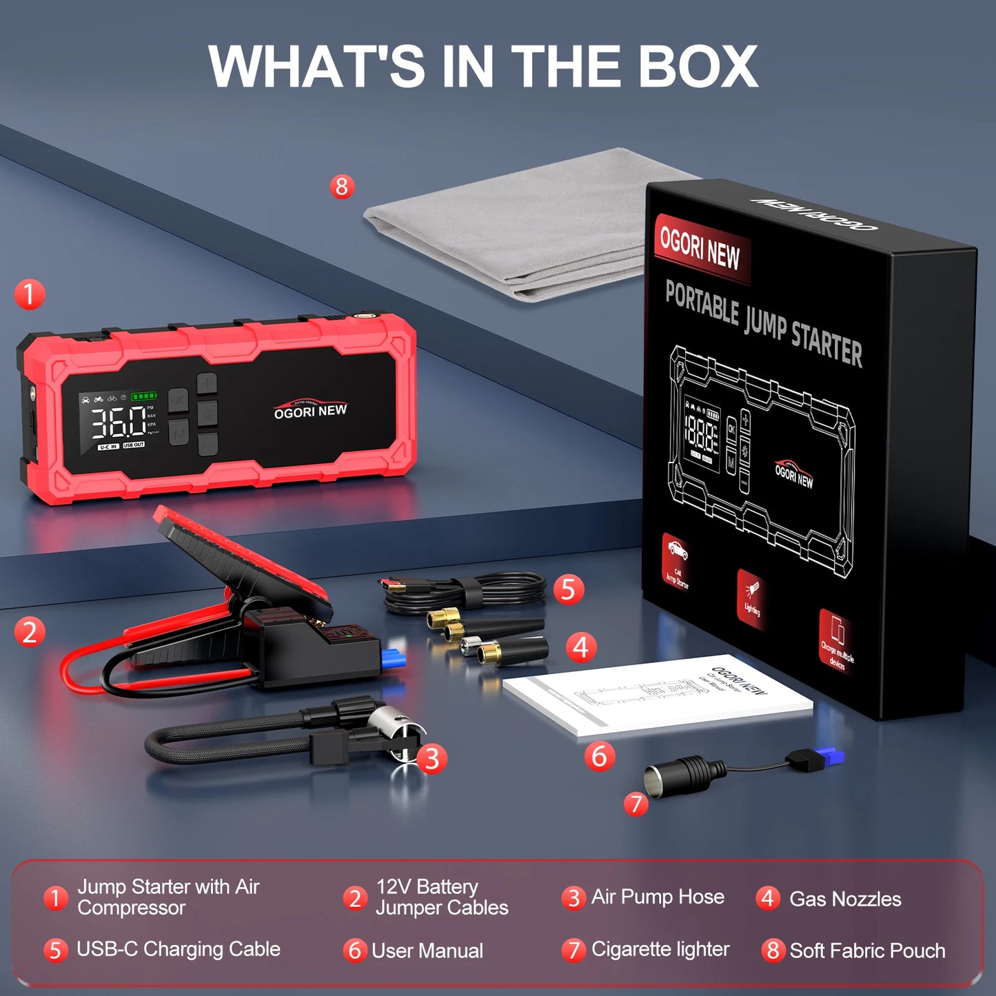 Car Jump Starter 26800mAh/21800mAh – Power Bank with 150PSI Air Compressor, Emergency Battery Booster & Portable Tire Pump