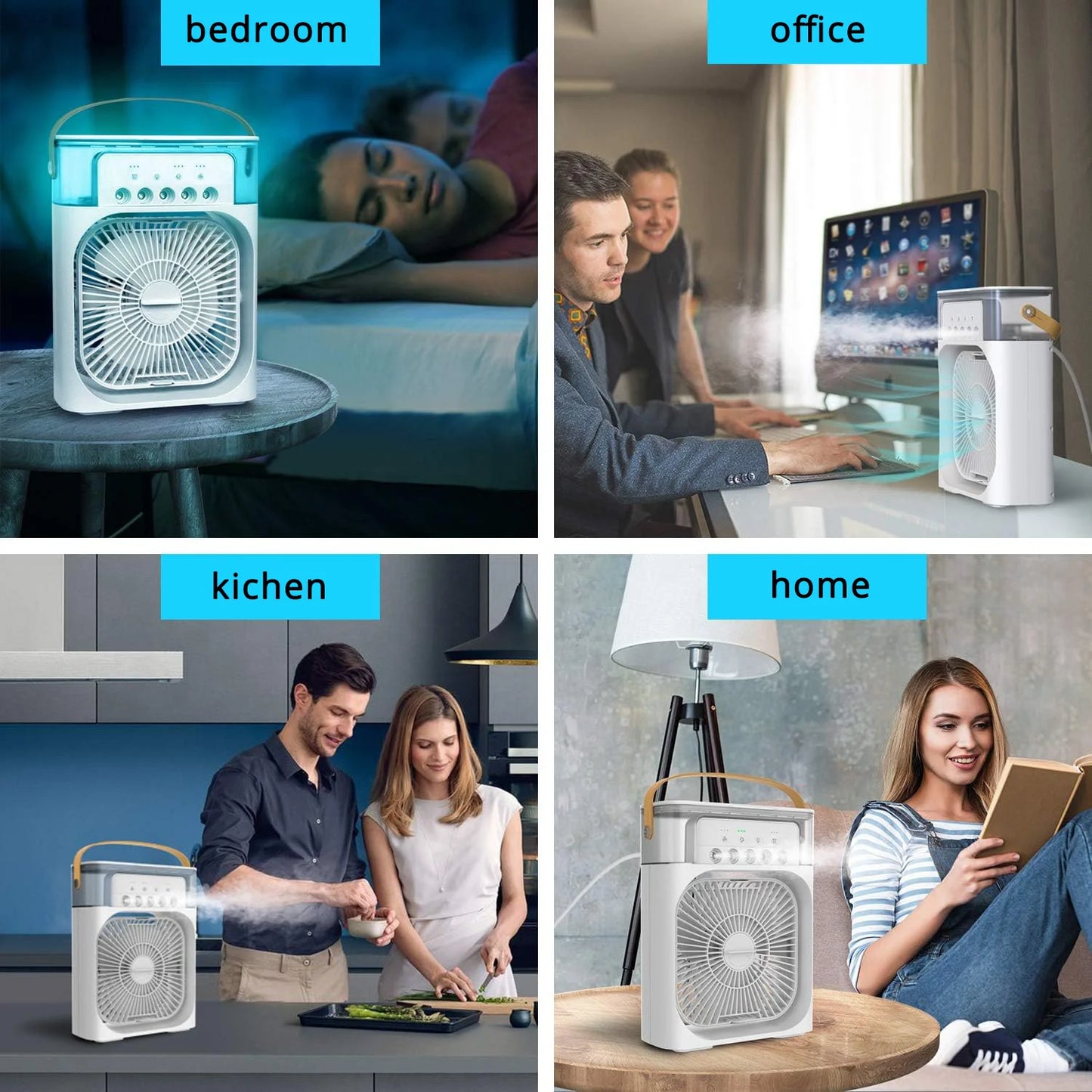 Silent Electric Mini Air Conditioner Fan – Portable 3-in-1 Air Cooler, Humidifier & Desk Fan with 7-Color LED Night Light for Home, Office & Camping