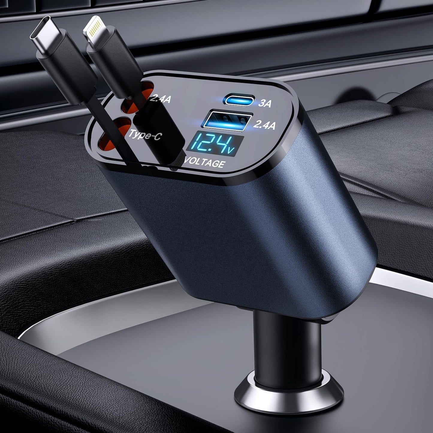 Retractable 4-in-1 Fast Car Charger 66W – USB-A & USB-C Retractable Cables, PD 3.0 Quick Charge for iPhone, Samsung Galaxy, Pixel & More