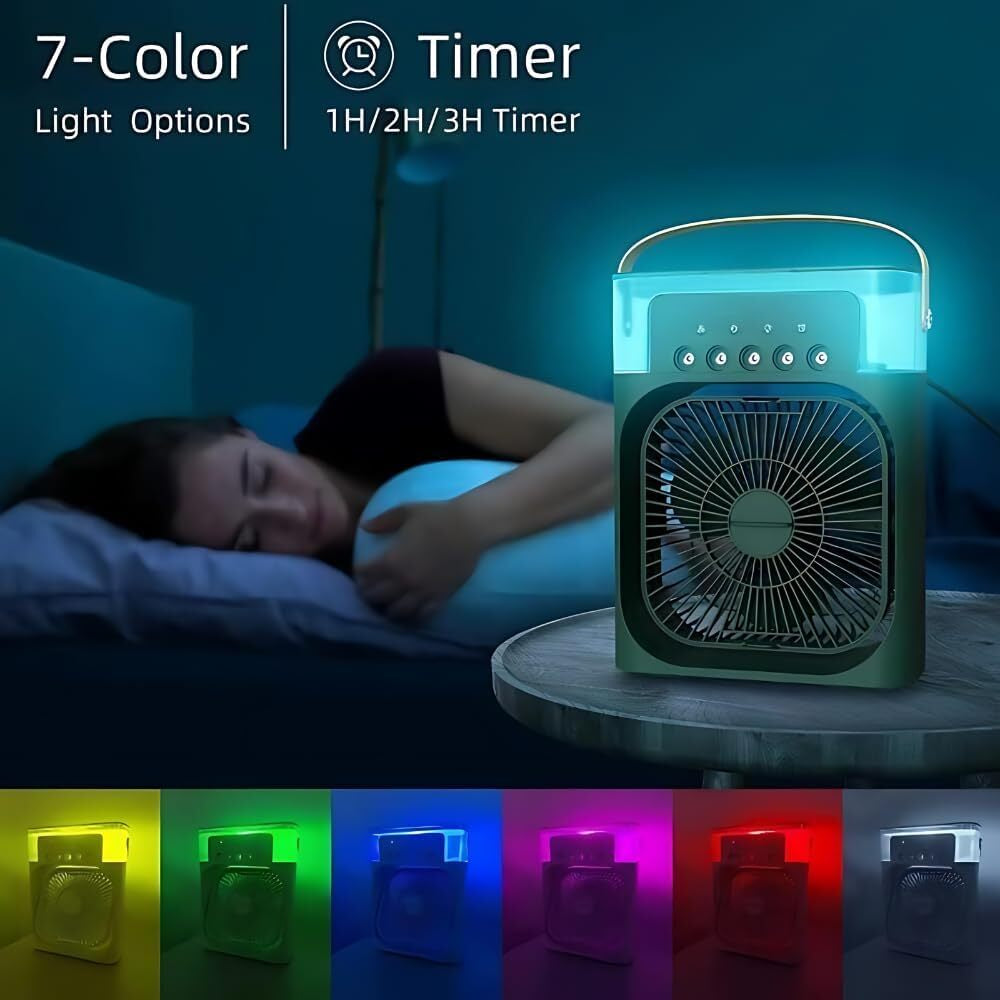 3 in 1 Portable Air Conditioner Fan – Mini Water Air Cooler with 7-Color LED Lights, USB Rechargeable Cooling Fan for Home, Office & Travel