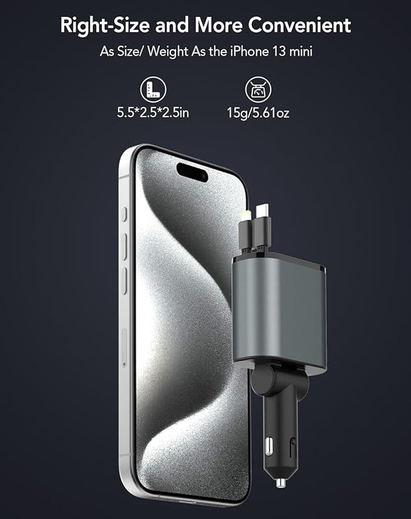 Retractable 4-in-1 Fast Car Charger 66W – USB-A & USB-C Retractable Cables, PD 3.0 Quick Charge for iPhone, Samsung Galaxy, Pixel & More