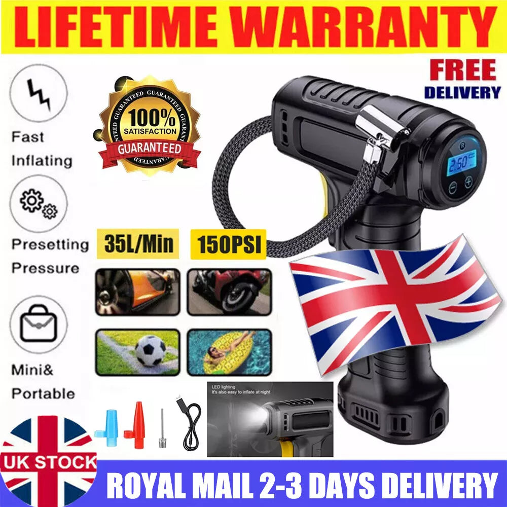 Car Tyre Inflator Cordless Digital Air Compressor Pump – USB Rechargeable 150 PSI for Car, Motorcycle, Bike & Sports Balls