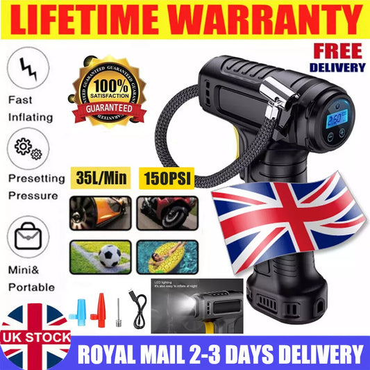 Car Tyre Inflator Cordless Digital Air Compressor Pump – USB Rechargeable 150 PSI for Car, Motorcycle, Bike & Sports Balls