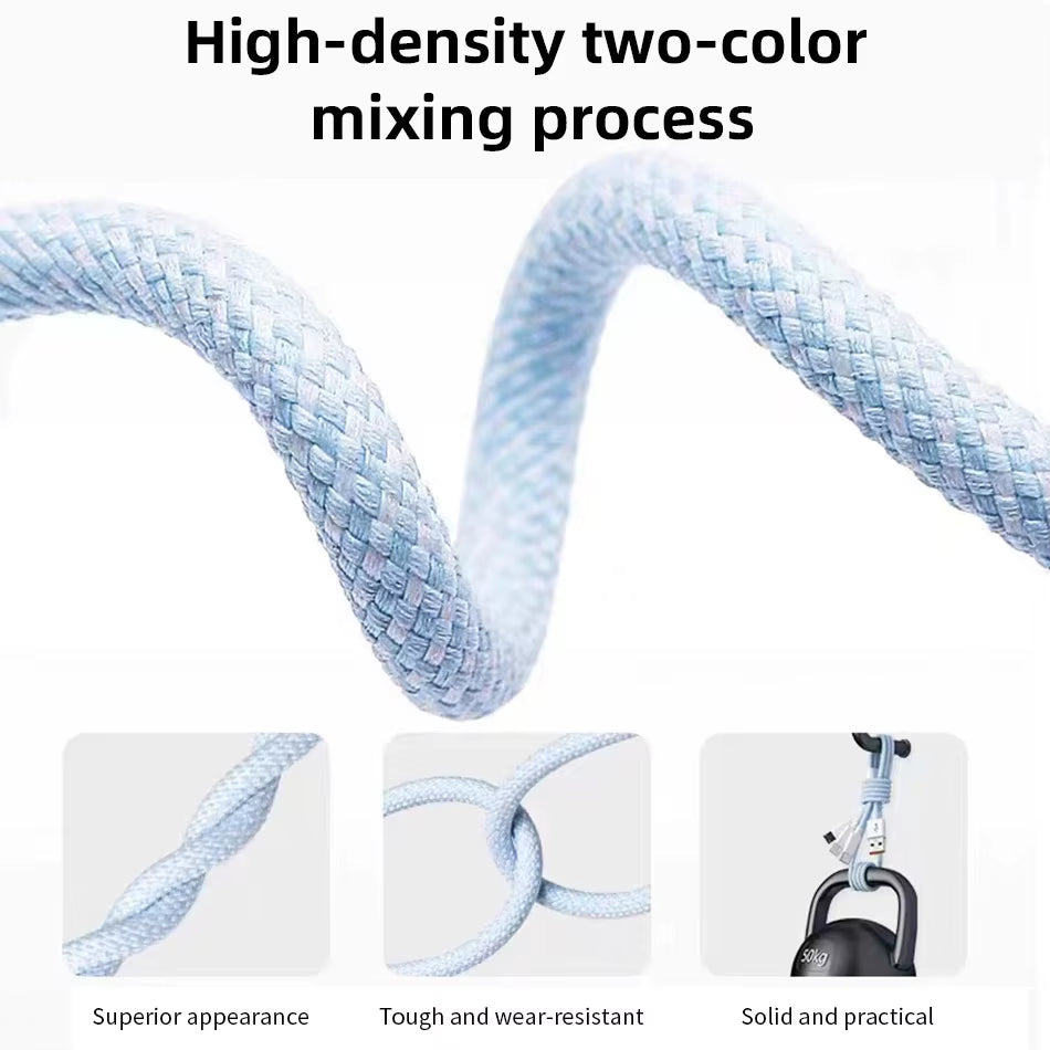 66W 3-in-1 Fast Charging Cable – 6A USB Type-C, Micro USB & Lightning Nylon Braided Data Cable for Huawei, Xiaomi, Samsung & iPhone (1.2M/2M/3M)