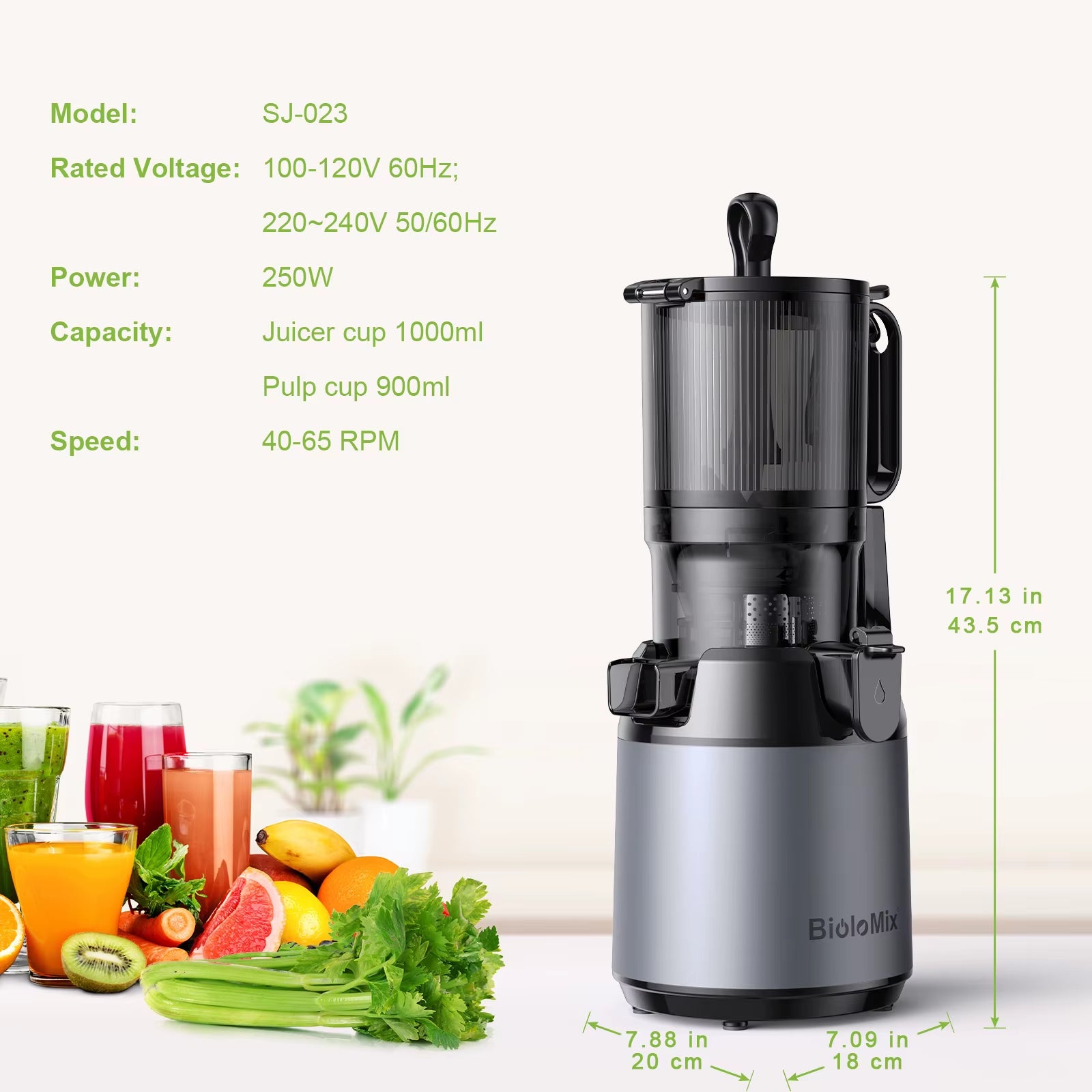 Cold Press Juicer with 130mm Wide Feed Chute – BPA-Free Slow Masticating Juicer for Whole Fruits & Vegetables, High Juice Yield, Easy Clean