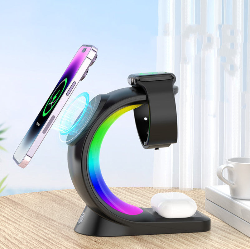 4 in 1 Magnetic Wireless Charger Fast Charging Dock with RGB Atmosphere Light for iPhone, Apple Watch & AirPods Pro