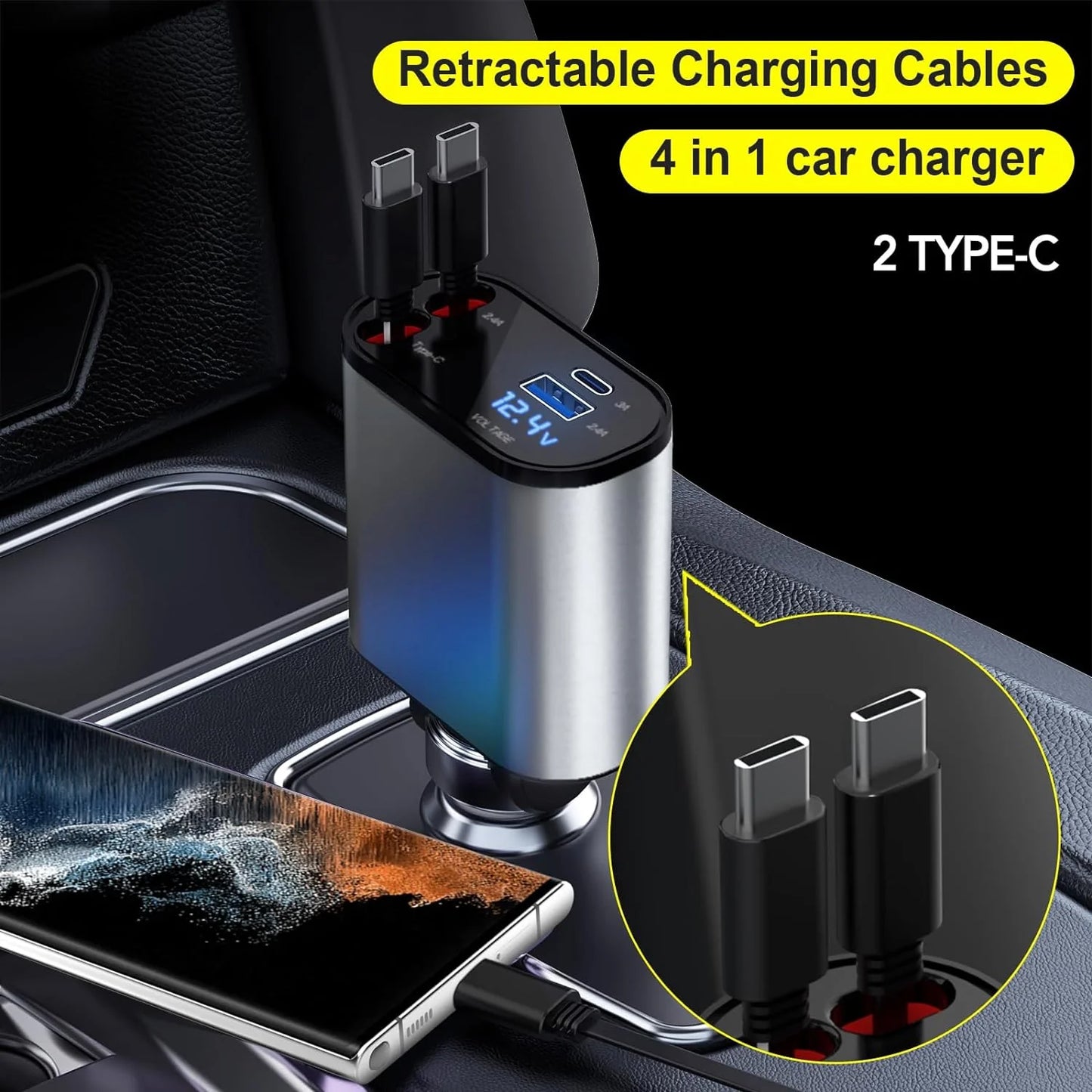 Retractable 4-in-1 Fast Car Charger 66W – USB-A & USB-C Retractable Cables, PD 3.0 Quick Charge for iPhone, Samsung Galaxy, Pixel & More