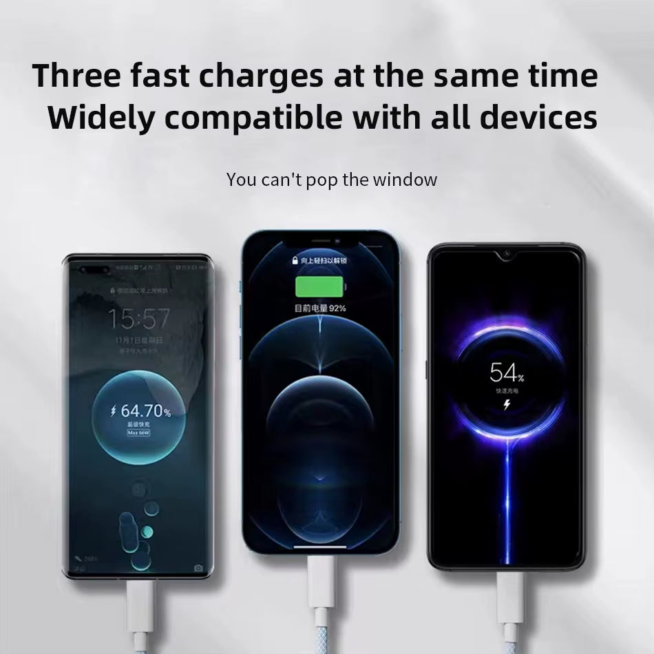 66W 3-in-1 Fast Charging Cable – 6A USB Type-C, Micro USB & Lightning Nylon Braided Data Cable for Huawei, Xiaomi, Samsung & iPhone (1.2M/2M/3M)