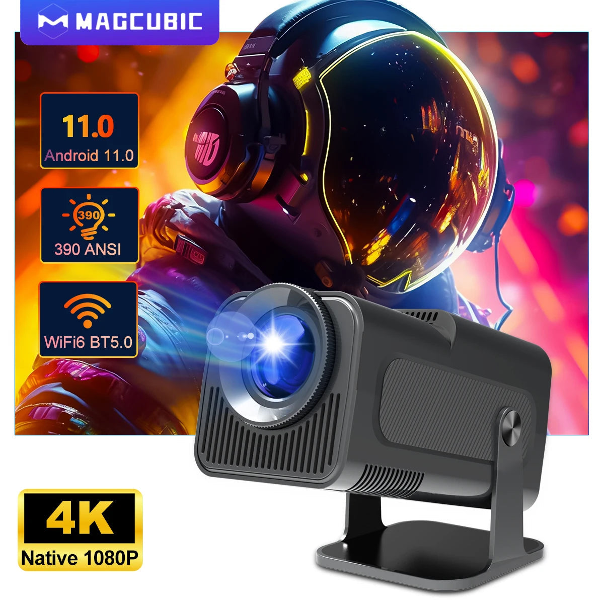 4K Android 11 Projector – Native 1080P, 390ANSI, Dual WiFi6 & BT5.0, 180° Rotatable Portable Cinema Projector