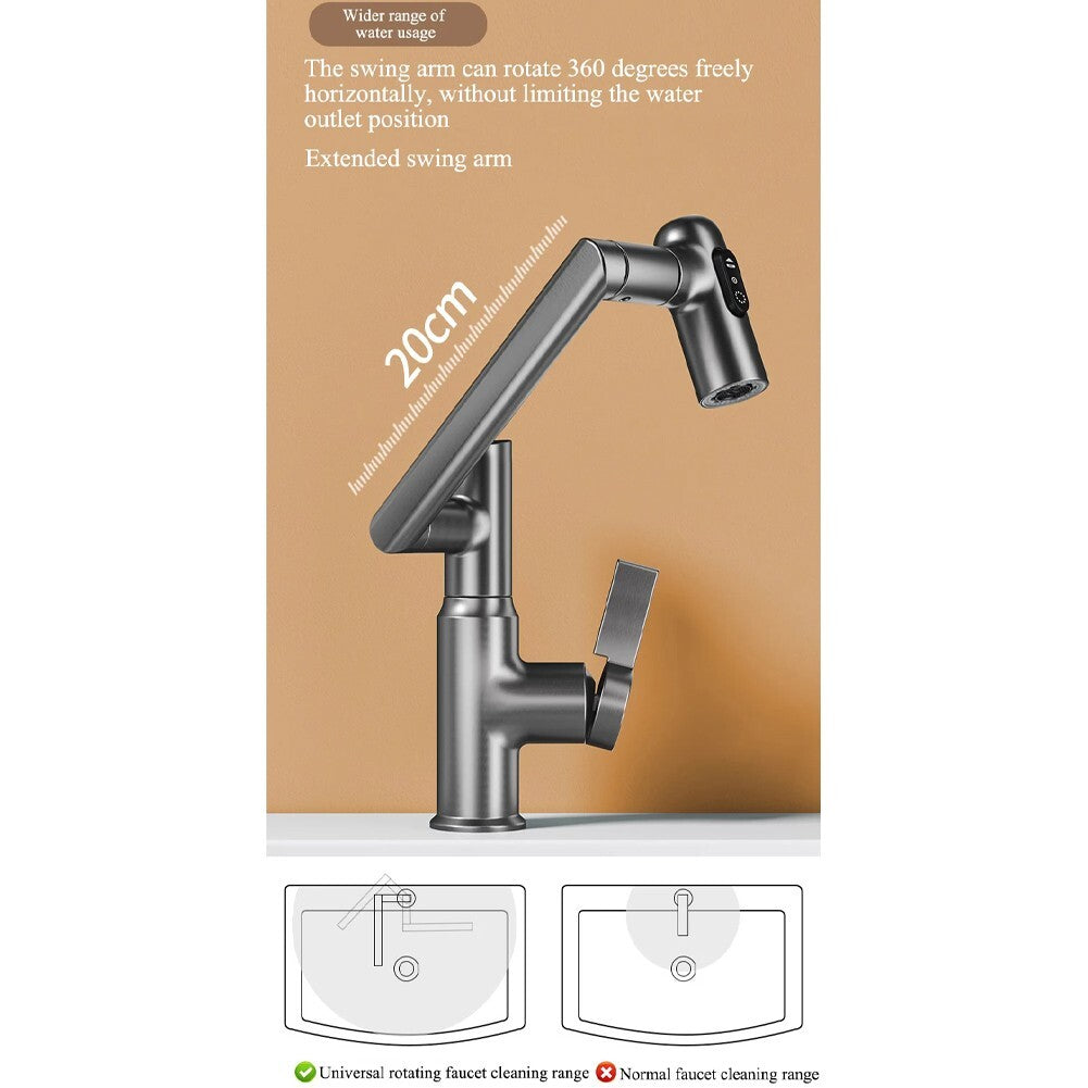 Intelligent Digital LED Bathroom Faucet – 360° Rotating Basin Mixer with Multifunction Stream Sprayer