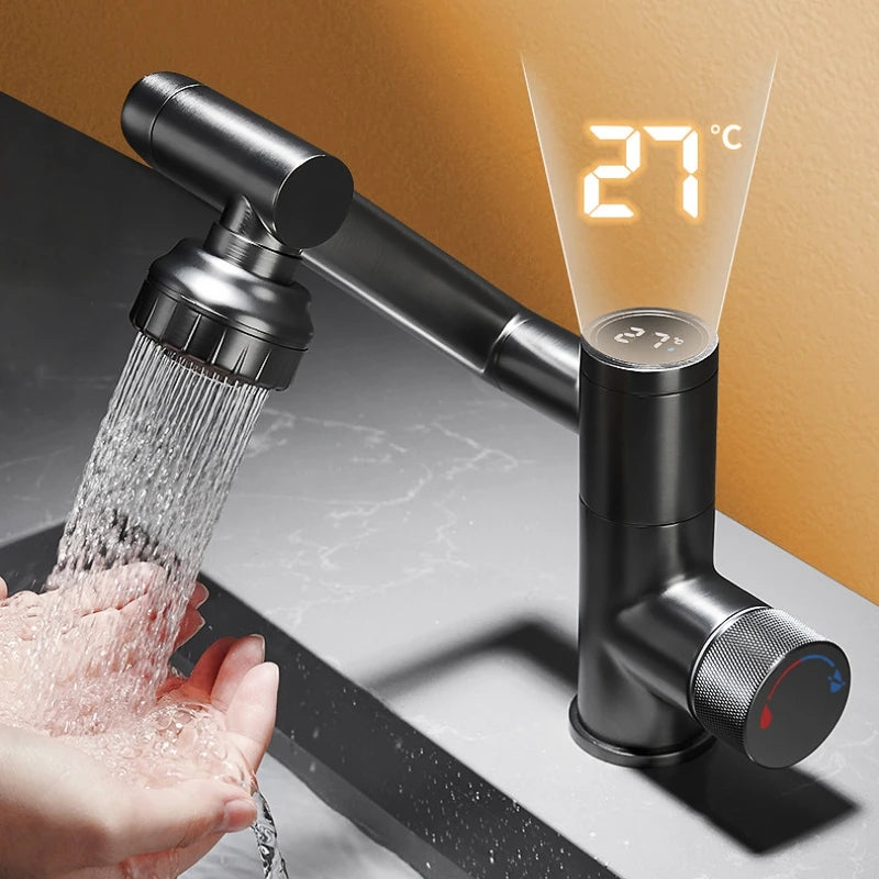 Digital Display LED Basin Faucet – 360° Rotating Hot & Cold Water Sink Mixer Tap with Multi-Function Stream Sprayer for Bathroom