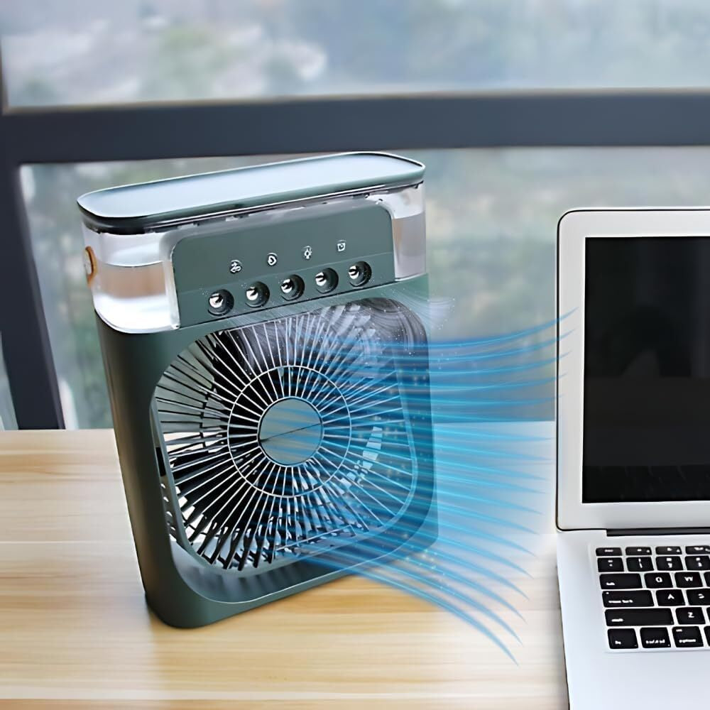 3 in 1 Portable Air Conditioner Fan – Mini Water Air Cooler with 7-Color LED Lights, USB Rechargeable Cooling Fan for Home, Office & Travel