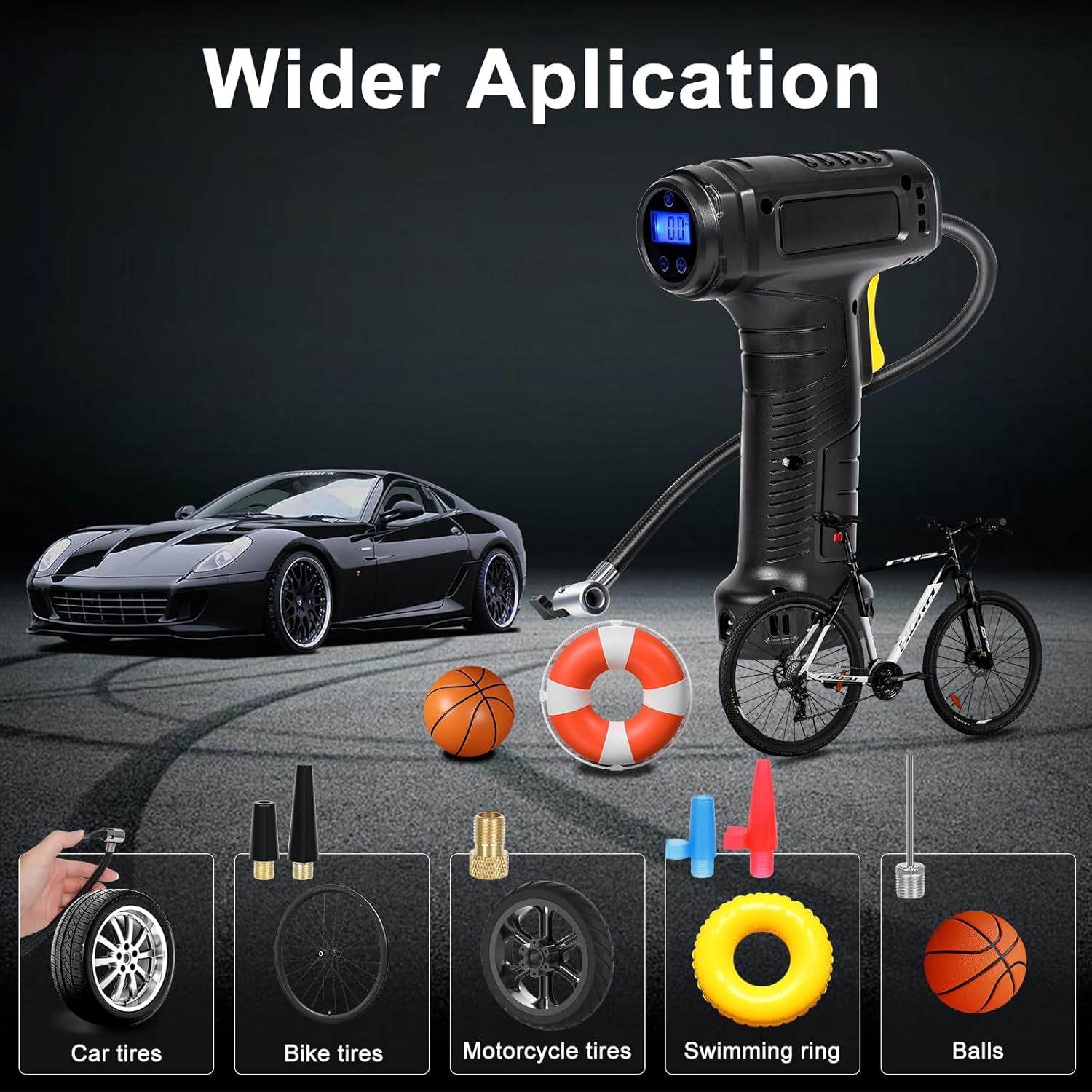Cordless Tyre Inflator Air Compressor – Portable Handheld Digital 150PSI with LED Light & 7 Nozzles for Car, Motorcycle, Bicycle & Ball