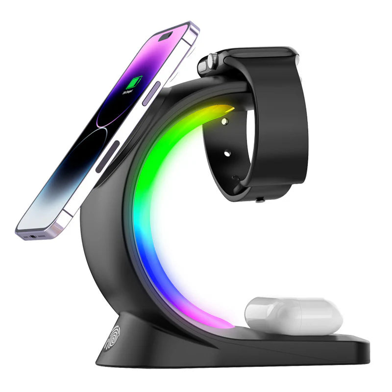 4-in-1 Magnetic Wireless Charger with Fast Charging & RGB Atmosphere Light – Charging Station for iPhone, Apple Watch & AirPods Pro