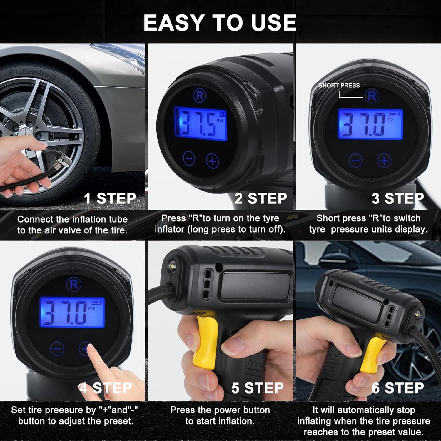 Cordless Tyre Inflator Air Compressor – Portable Handheld Digital 150PSI with LED Light & 7 Nozzles for Car, Motorcycle, Bicycle & Ball