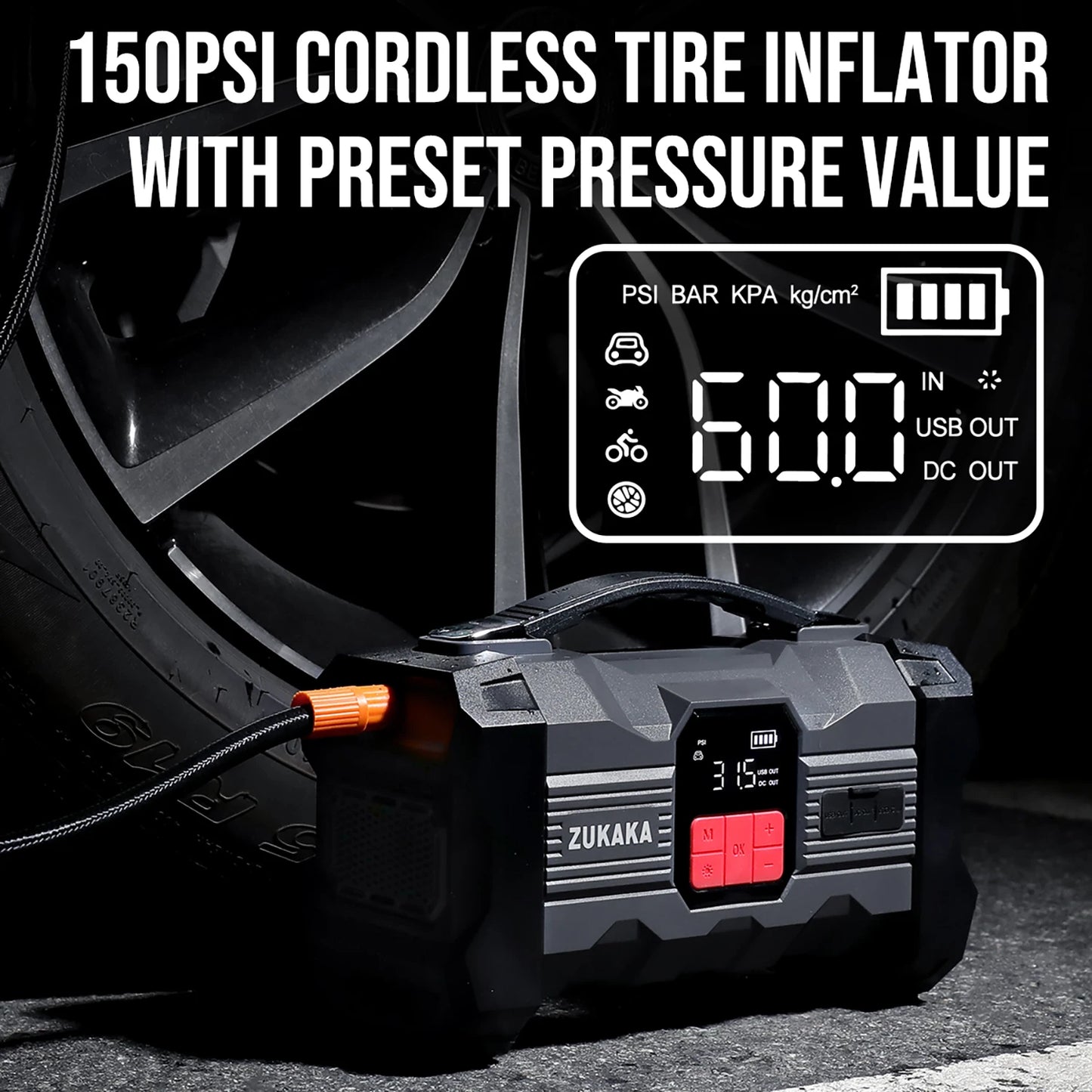 6000A Car Jump Starter with Air Compressor – 12V Battery Booster Power Bank with LED Flashlight & Smart Cable