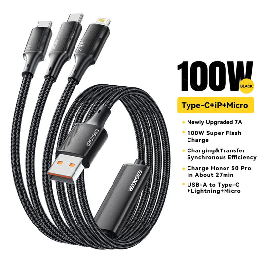 100W 3-in-1 Fast Charging Cable – USB-C to Type-C, Lightning & Micro USB PD Quick Charge Cord for MacBook, iPhone, Samsung & Xiaomi