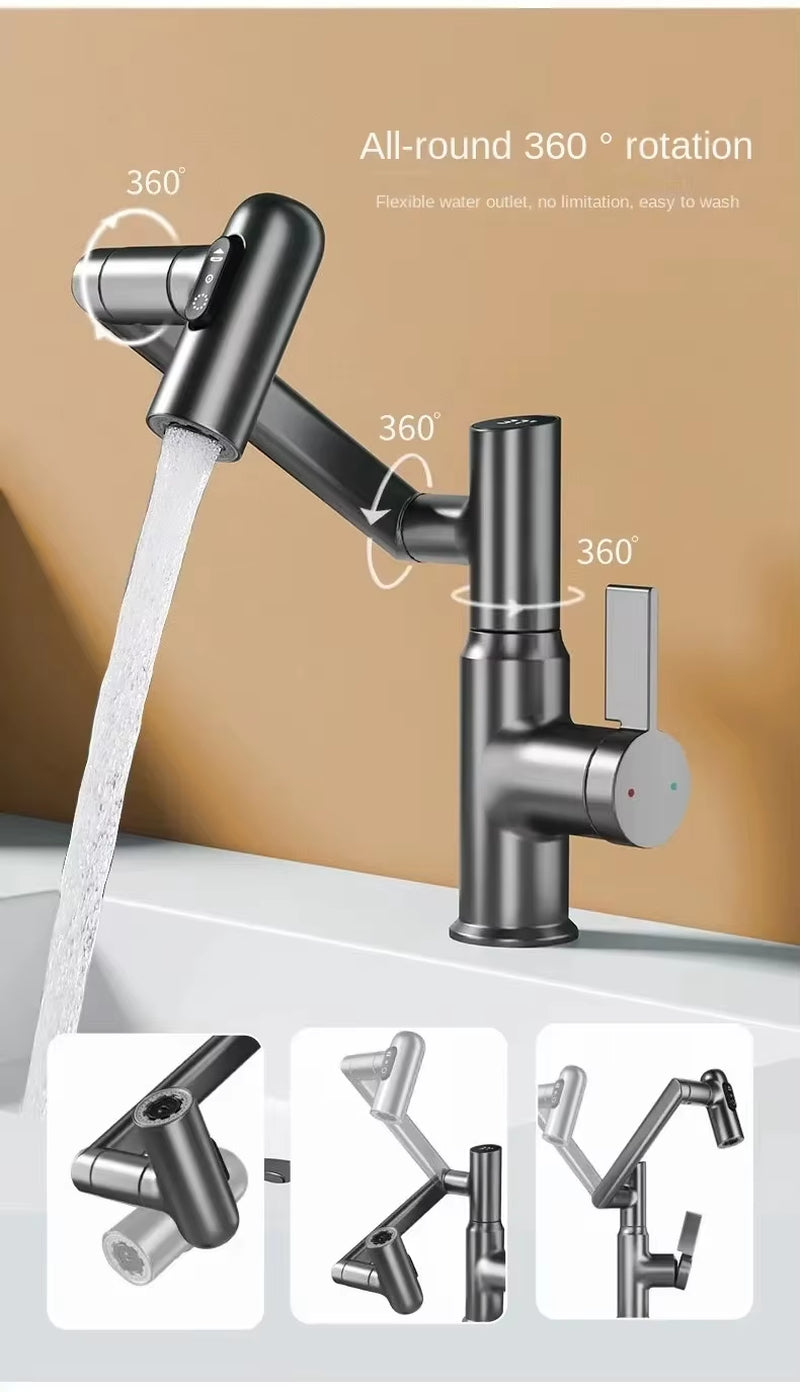 Digital LED Bathroom Faucet – 360° Rotating Hot & Cold Water Mixer Sink Tap with Multifunction Stream Sprayer