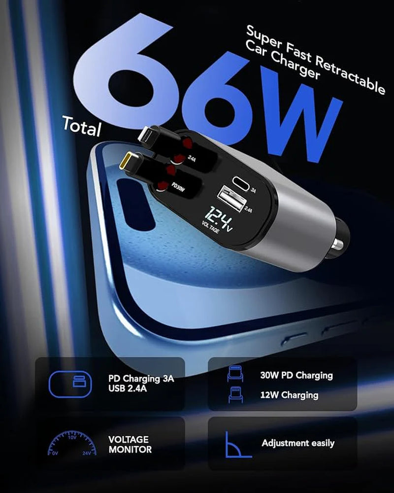 Retractable 4-in-1 Fast Car Charger 66W – USB-A & USB-C Retractable Cables, PD 3.0 Quick Charge for iPhone, Samsung Galaxy, Pixel & More