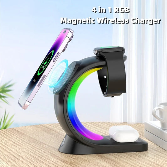 4-in-1 Magnetic Wireless Charger with Fast Charging & RGB Atmosphere Light – Charging Station for iPhone, Apple Watch & AirPods Pro