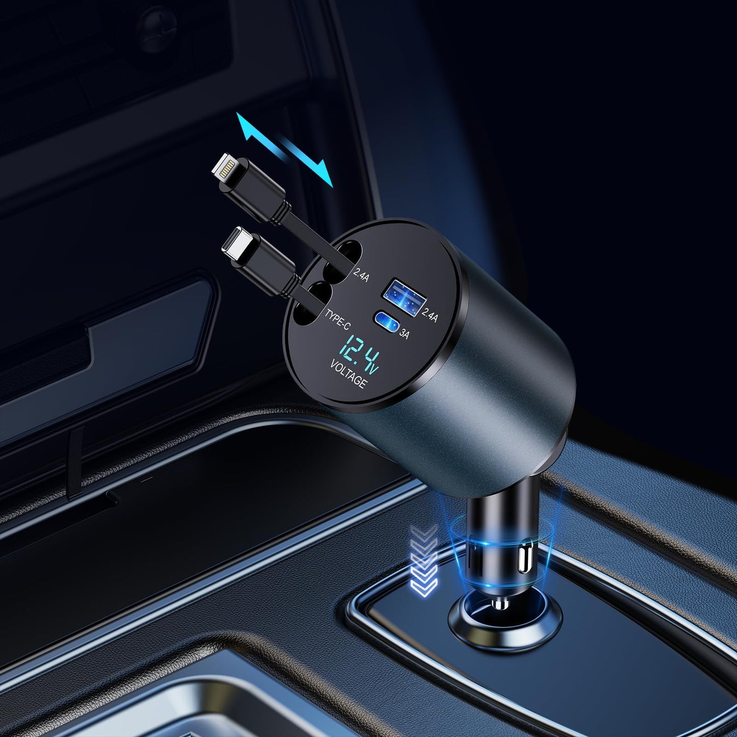 Retractable 4-in-1 Fast Car Charger 66W – USB-A & USB-C Retractable Cables, PD 3.0 Quick Charge for iPhone, Samsung Galaxy, Pixel & More