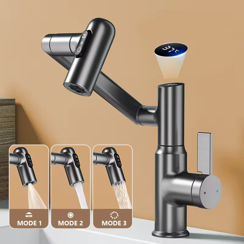 Digital LED Basin Faucet – 360° Rotatable Bathroom Sink Mixer with Hot & Cold Water Display, Multi-Function Stream Sprayer