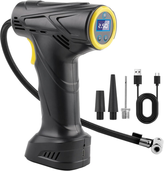 Cordless Tyre Inflator Air Compressor – Portable Handheld Rechargeable Tyre Pump with Digital Pressure Gauge, LED Light & 4 Nozzles for Car, Motorcycle & Bike