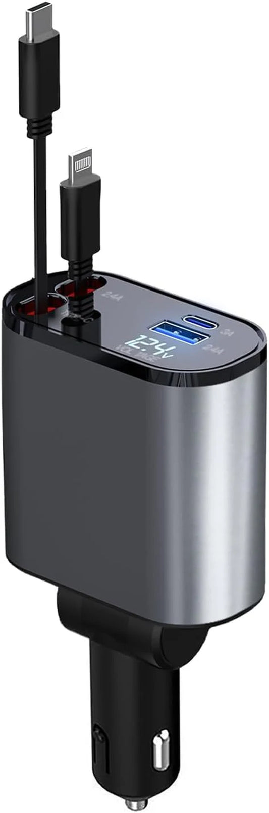 Retractable 4-in-1 Fast Car Charger 66W – USB-A & USB-C Retractable Cables, PD 3.0 Quick Charge for iPhone, Samsung Galaxy, Pixel & More