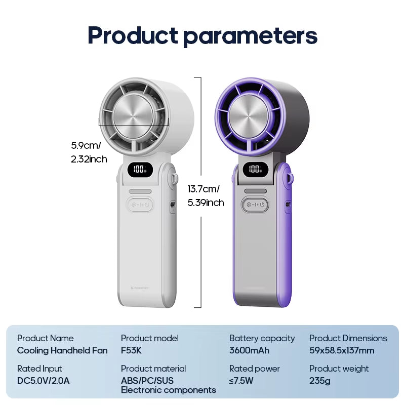 Outdoor Foldable Handheld Fan – Portable Mini Turbo Fan with 3600mAh Battery, 100-Speed Adjustable High-Speed Cooling & Ice-Cool Technology