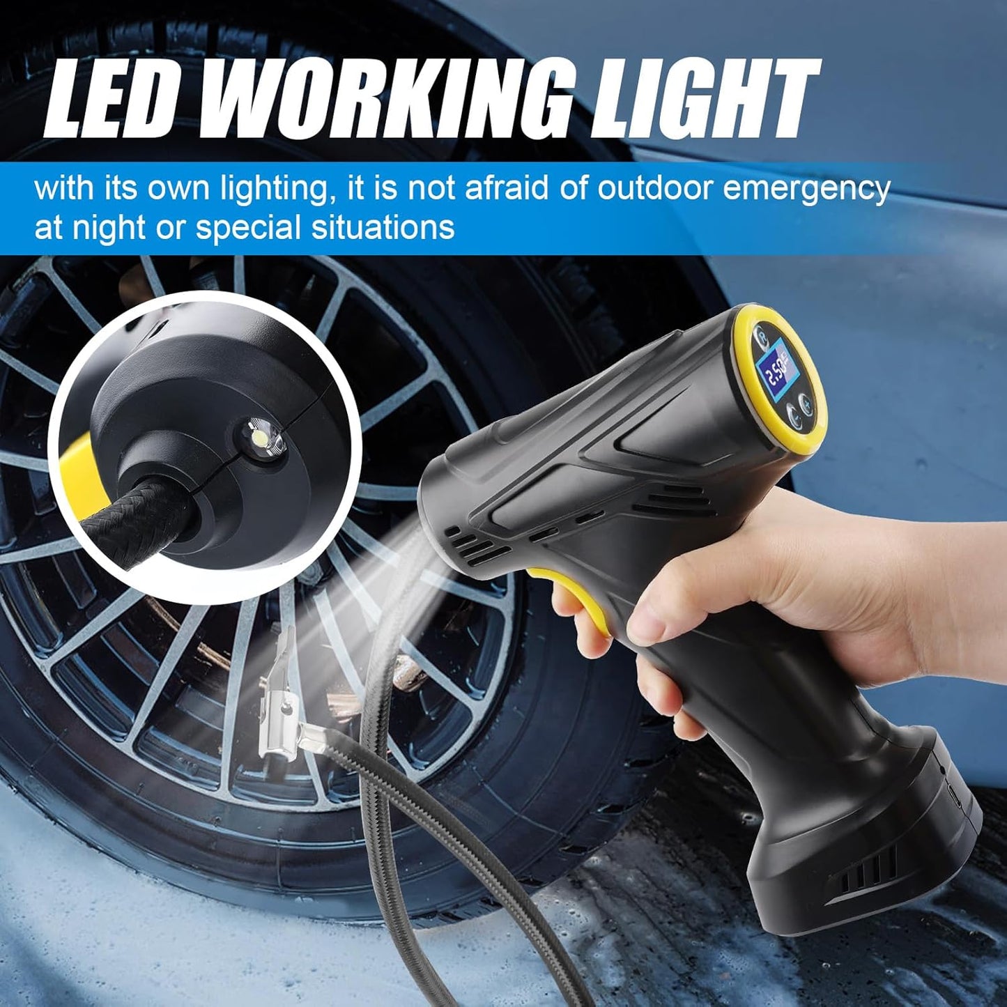 Cordless Tyre Inflator Air Compressor – Portable Handheld Rechargeable Tyre Pump with Digital Pressure Gauge, LED Light & 4 Nozzles for Car, Motorcycle & Bike