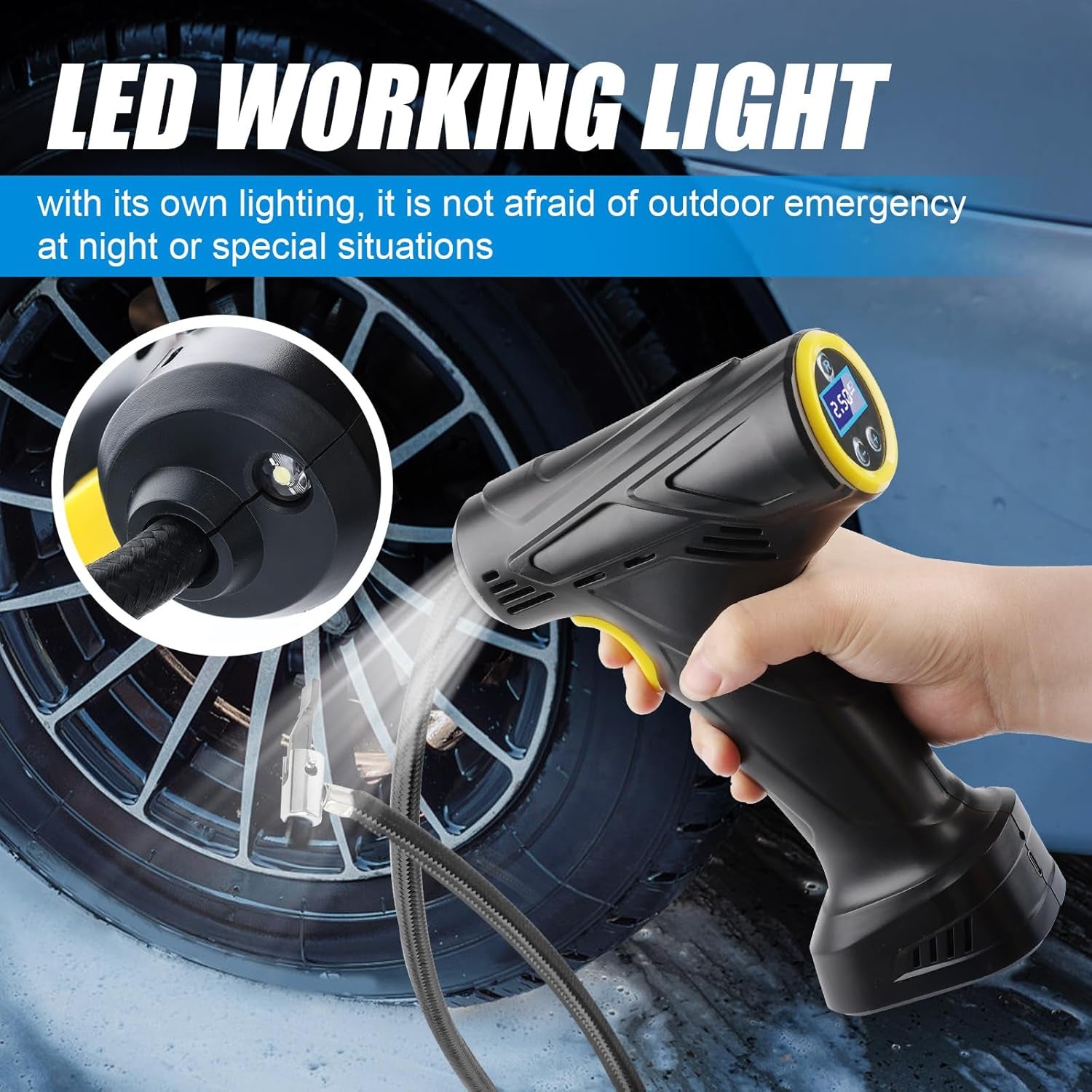 Cordless Tyre Inflator Air Compressor – Portable Handheld Rechargeable Tyre Pump with Digital Pressure Gauge, LED Light & 4 Nozzles for Car, Motorcycle & Bike