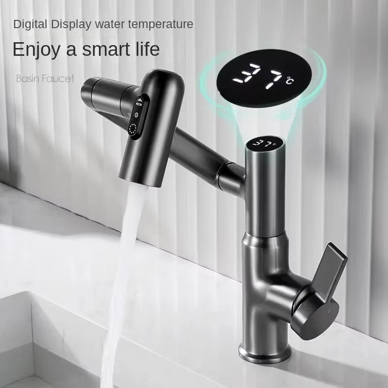 Digital LED Bathroom Faucet – 360° Rotating Hot & Cold Water Mixer Sink Tap with Multifunction Stream Sprayer