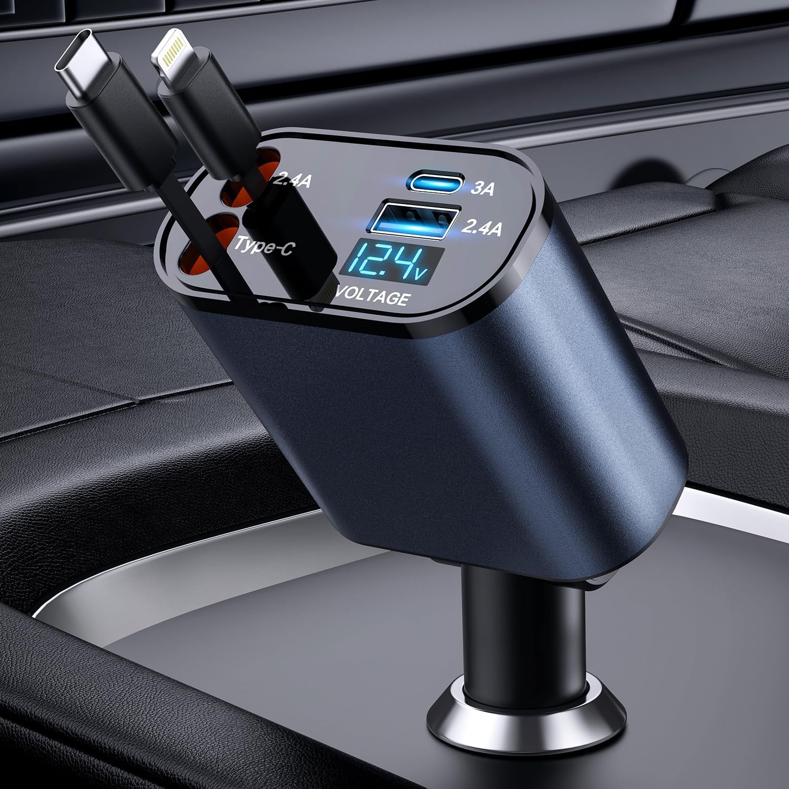 Retractable 4-in-1 Fast Car Charger 66W – USB-A & USB-C Retractable Cables, PD 3.0 Quick Charge for iPhone, Samsung Galaxy, Pixel & More