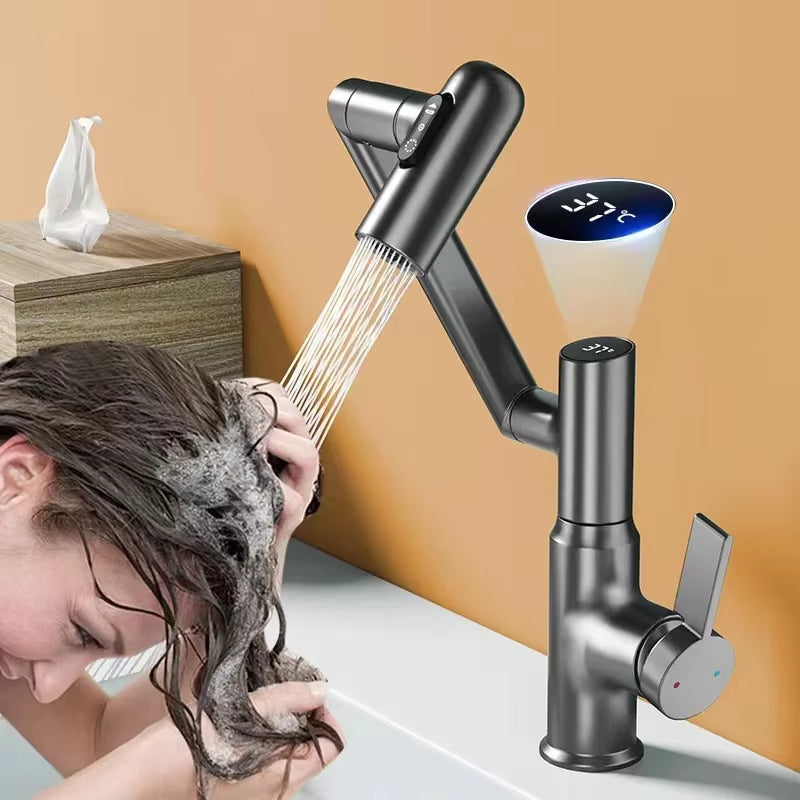 Digital LED Bathroom Faucet – 360° Rotating Hot & Cold Water Mixer Sink Tap with Multifunction Stream Sprayer