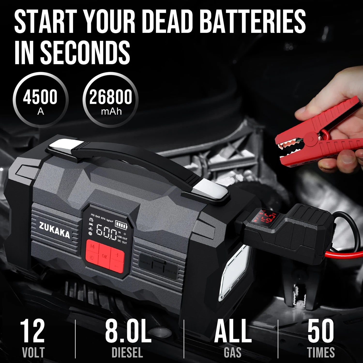 6000A Car Jump Starter with Air Compressor – 12V Battery Booster Power Bank with LED Flashlight & Smart Cable