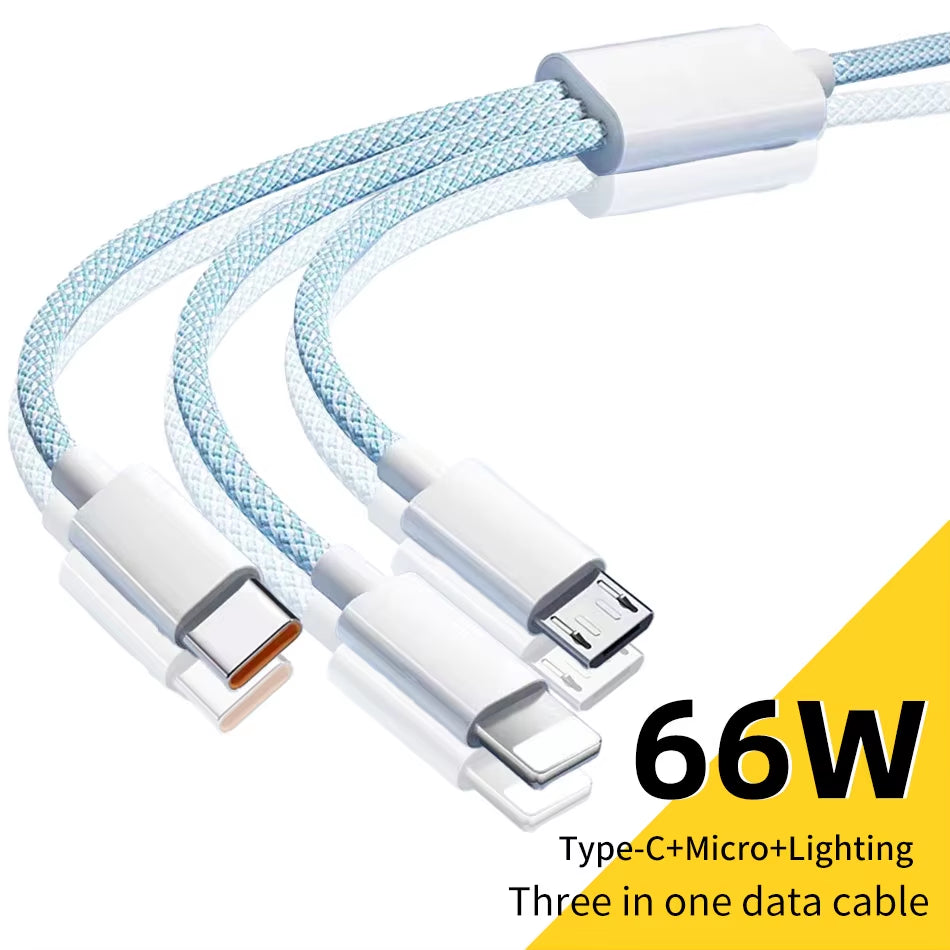 66W 3-in-1 Fast Charging Cable – 6A USB Type-C, Micro USB & Lightning Nylon Braided Data Cable for Xiaomi, Huawei, Samsung, OPPO & iPhone (1.2M/2M/3M)